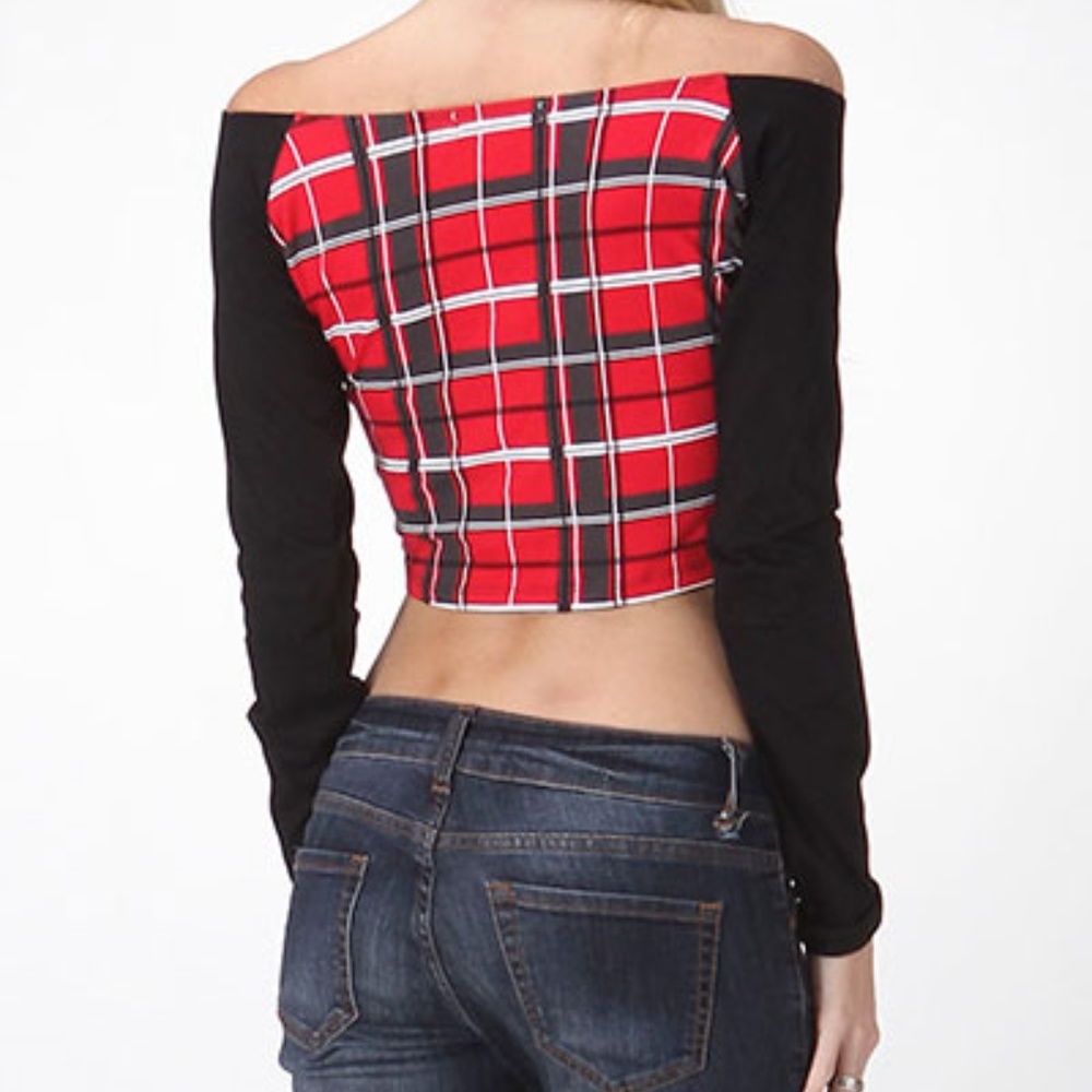 Classic Plaid Raglan long Sleeves Crop Top-Junior - Picture 3 of 3